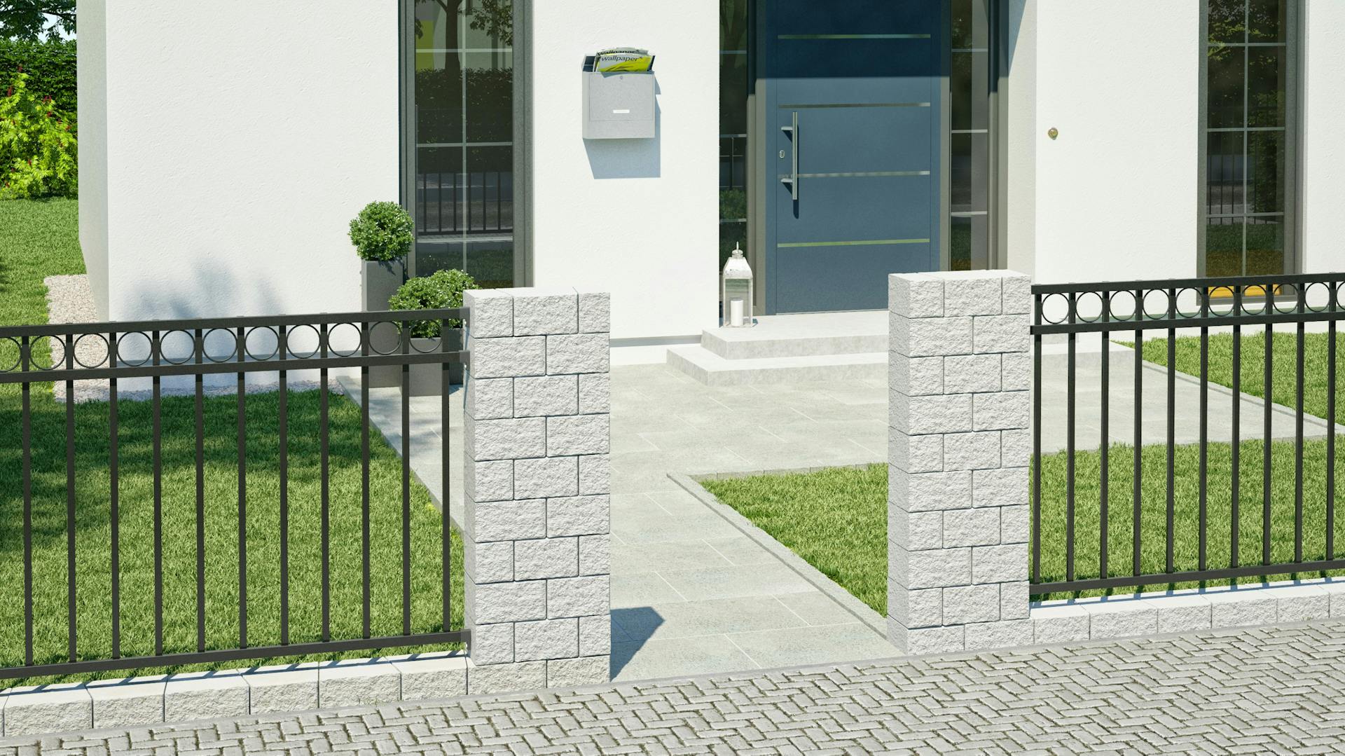 Vorgarten mit einem Zaun bestehend aus Metall und Mauer.