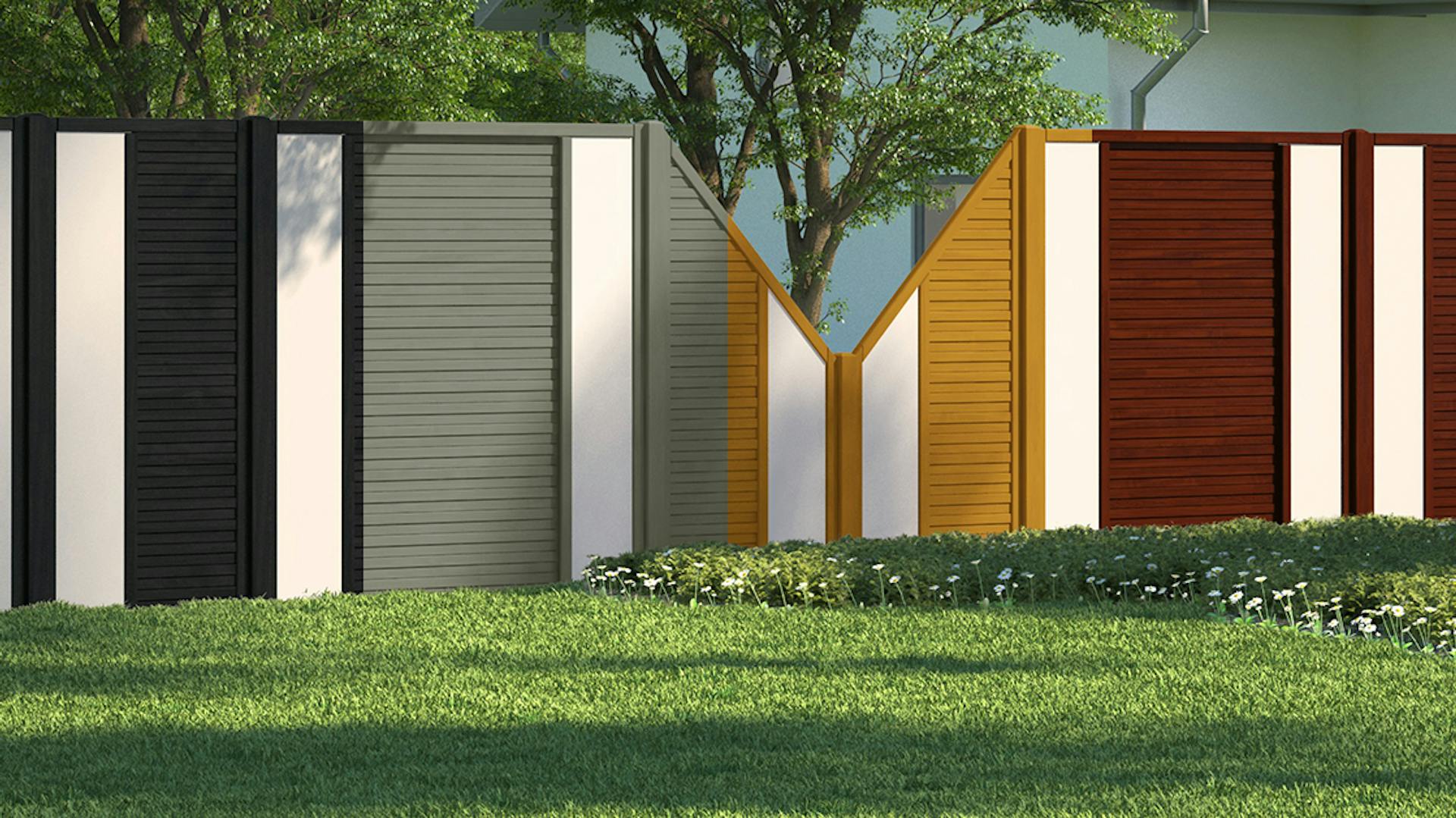 Zaun mit wechselnden Farben in Anthrazit, Grau, Pinie und Rotbraun.