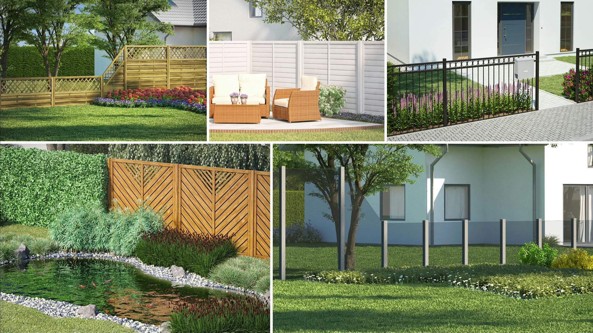 Collage di diverse recinzioni in metallo, vetro, legno, WPC e plastica