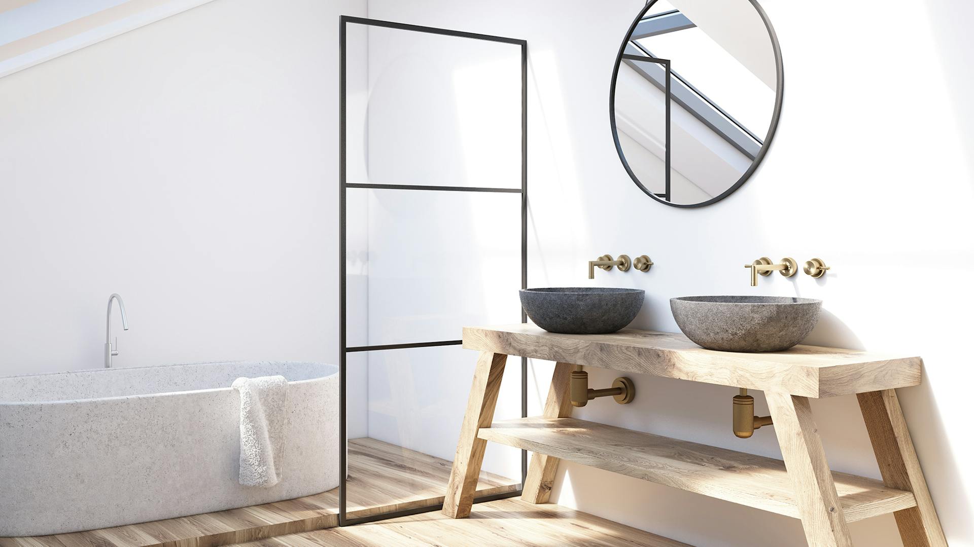 Minimalistisches Badezimmer mit Waschtisch aus Holz