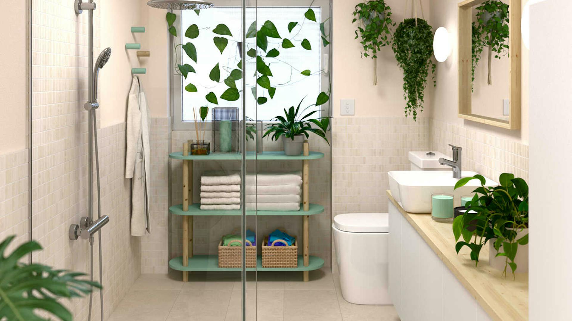 In einem hellen Badezimmer steht sich unter dem Fenster das Regal Johann. Davor befindet sich eine Dusche. Gegenüber der Dusche sind eine Toilette und ein Waschtisch.