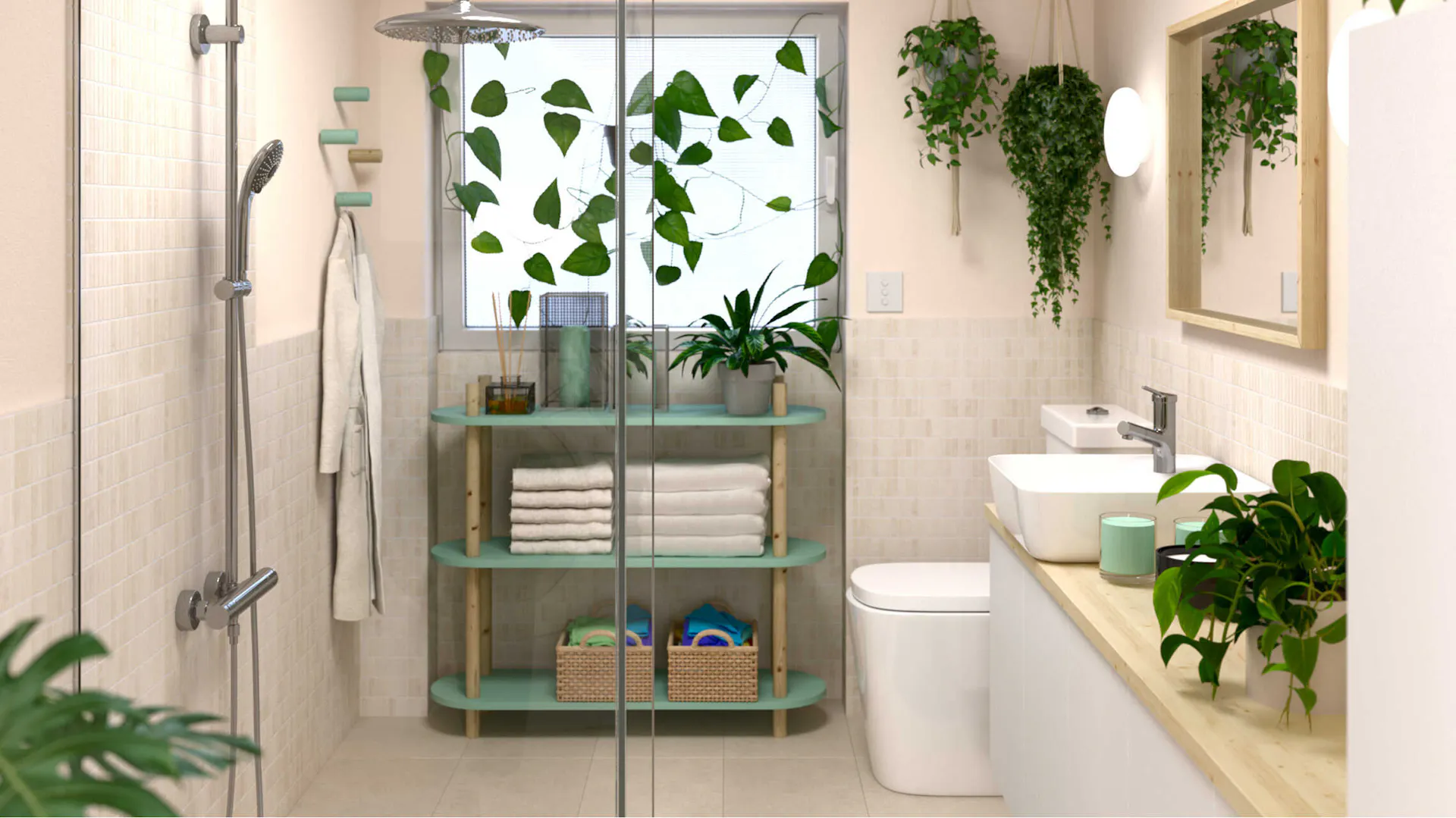 In einem hellen Badezimmer steht sich unter dem Fenster das Regal Johann. Davor befindet sich eine Dusche. Gegenüber der Dusche sind eine Toilette und ein Waschtisch.