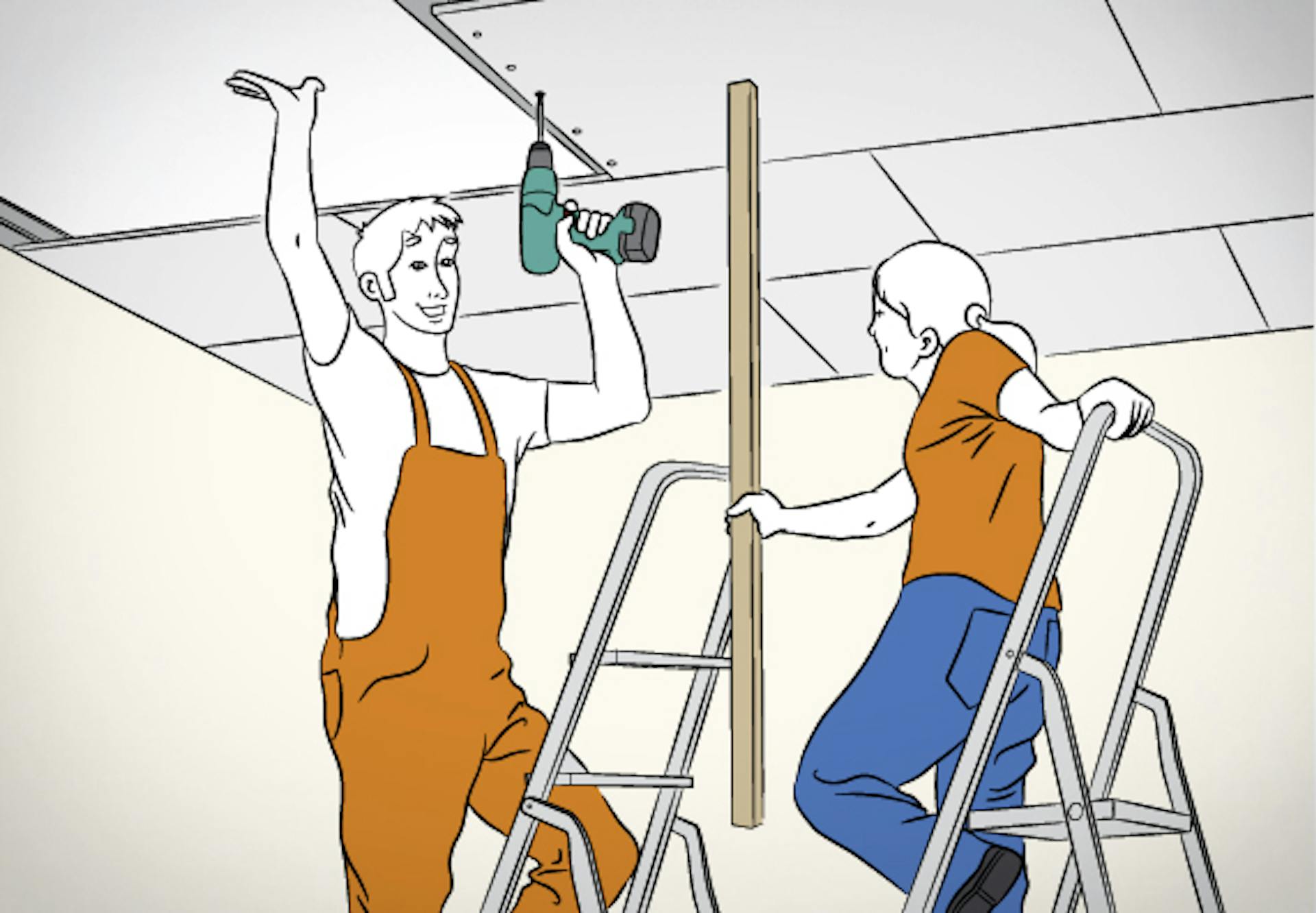 Heimwerker stehen auf Leiter und befestigen Gipskartonplatten mit Akkuschrauber