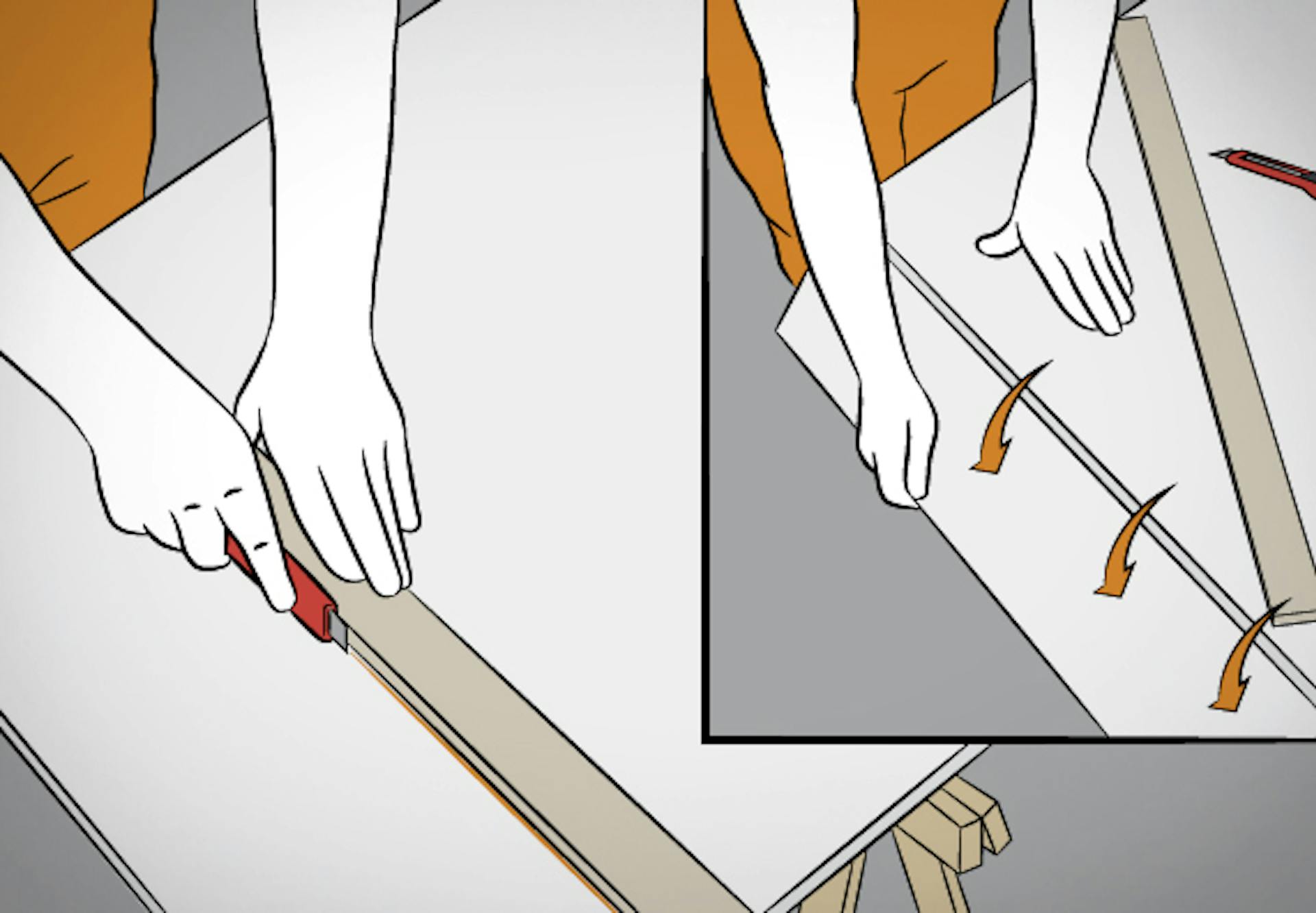 Jemand schneidet Gipskartonplatten mit einem Cuttermesser zu