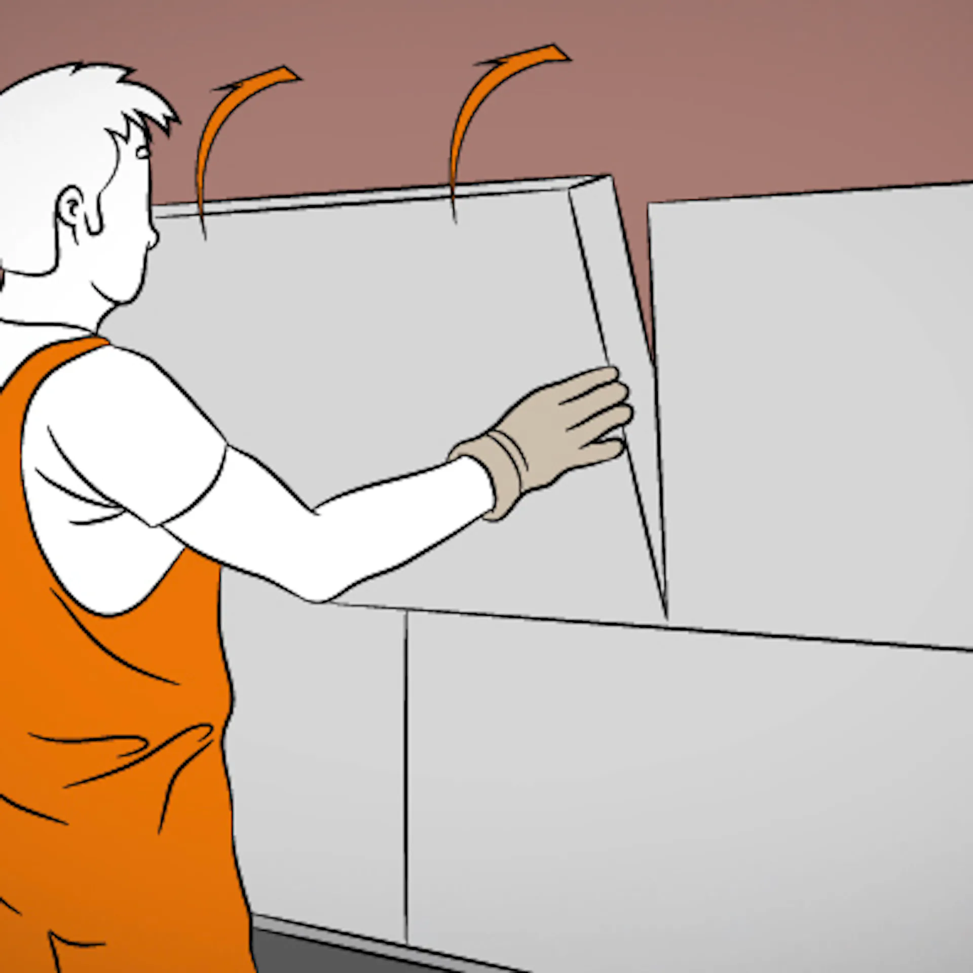 Heimwerker setzt Dämmplatte mit Klappbewegung an die Außenfassade, daneben kleben bereits die ersten Klimaplatten.