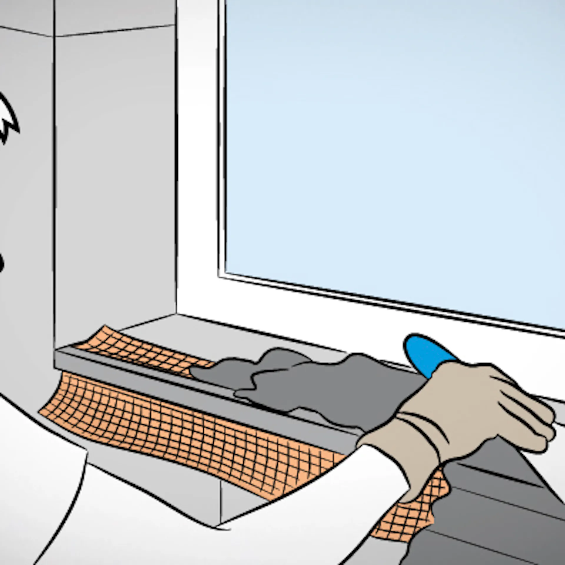 Heimwerker setzt Eckwinkel mit Gewebe an Fensterkante an.