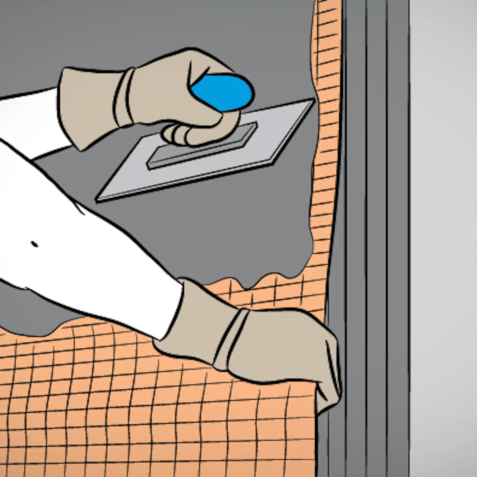 Heimwerker arbeitet Gewebe in gespachtelte Außenfassade ein.