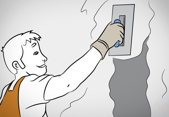 Heimwerker trägt Putz auf Außenwand auf.