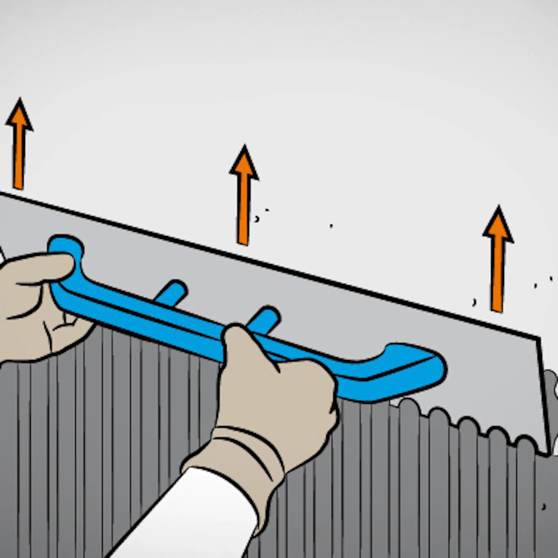 Heimwerker trägt Klebespachtel von unten nach oben auf Hausfassade auf.