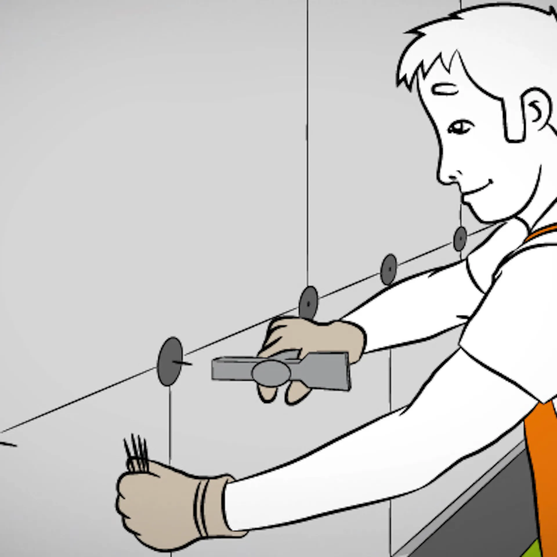 Heimwerker klopft Tellerdübel in die Dämmplatten-Ecke, einige bereits gesetzte Dübel sind zu sehen.