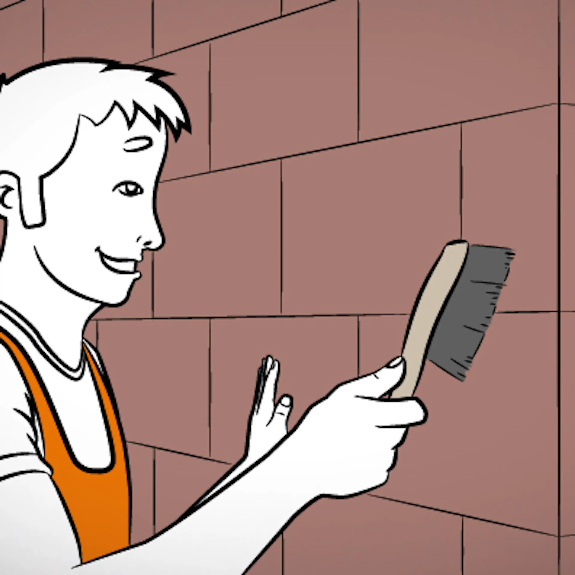 Heimwerker bürstet Hausfassade mit dem Handfeger ab.