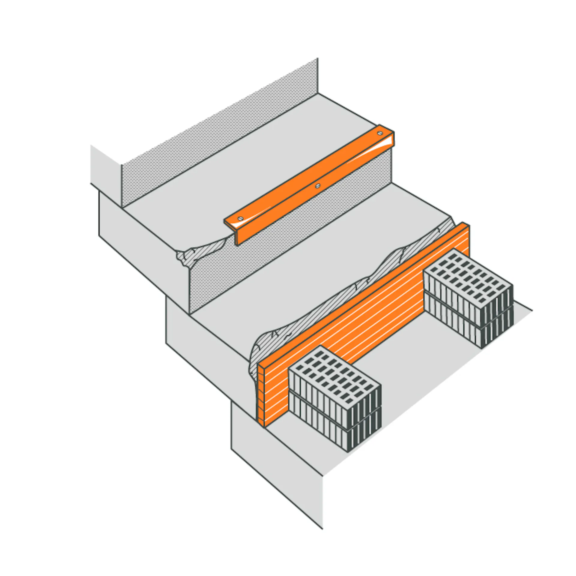Zeichnung Treppe mit Beschädigungen und Brett als Schalung an Setzstufe