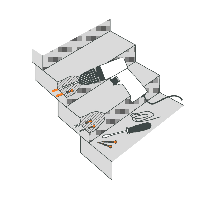Zeichnung Bohrhammer mit Edelstahlschrauben für Sanierung von Betontreppe