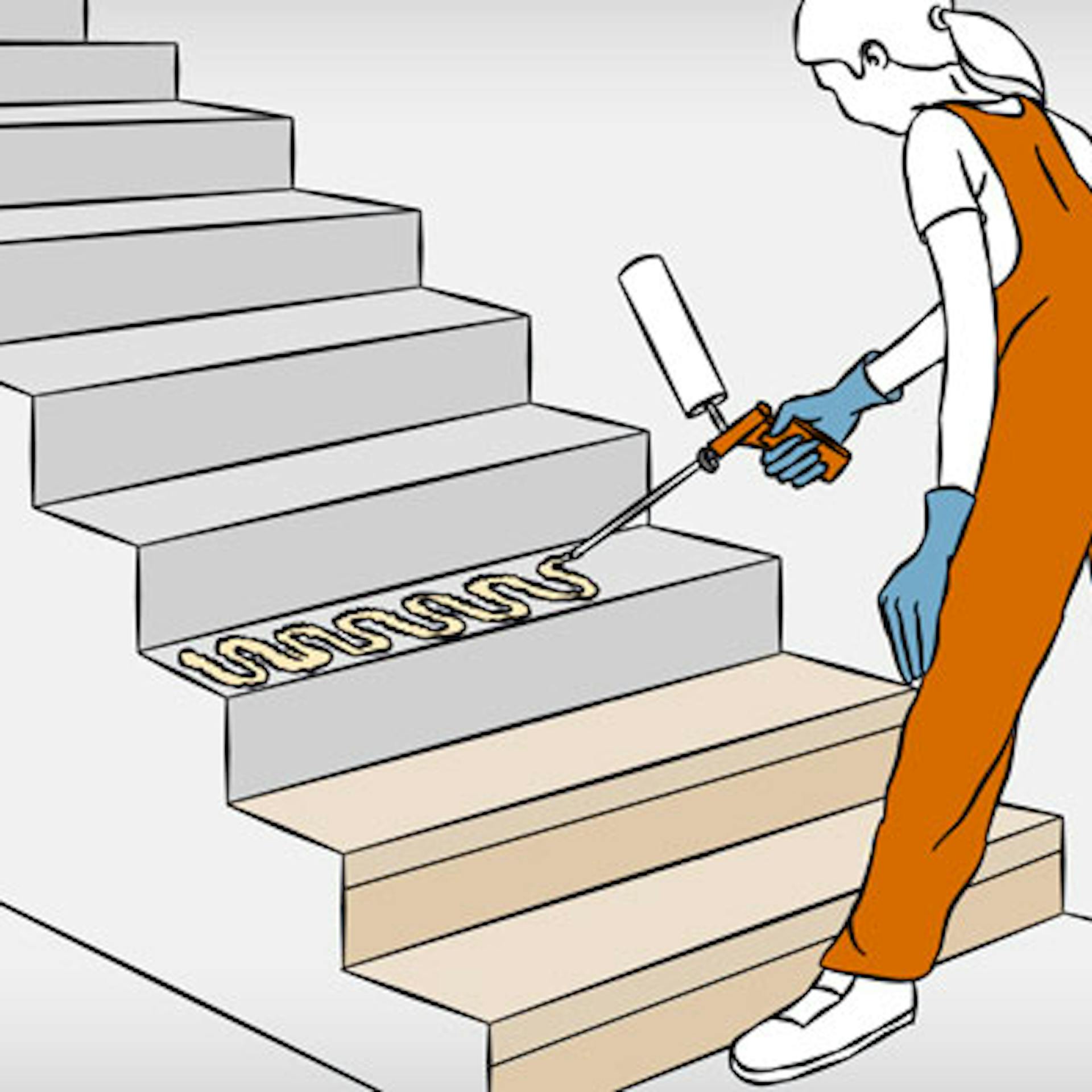 Frau mit Montagekleber vor Treppe