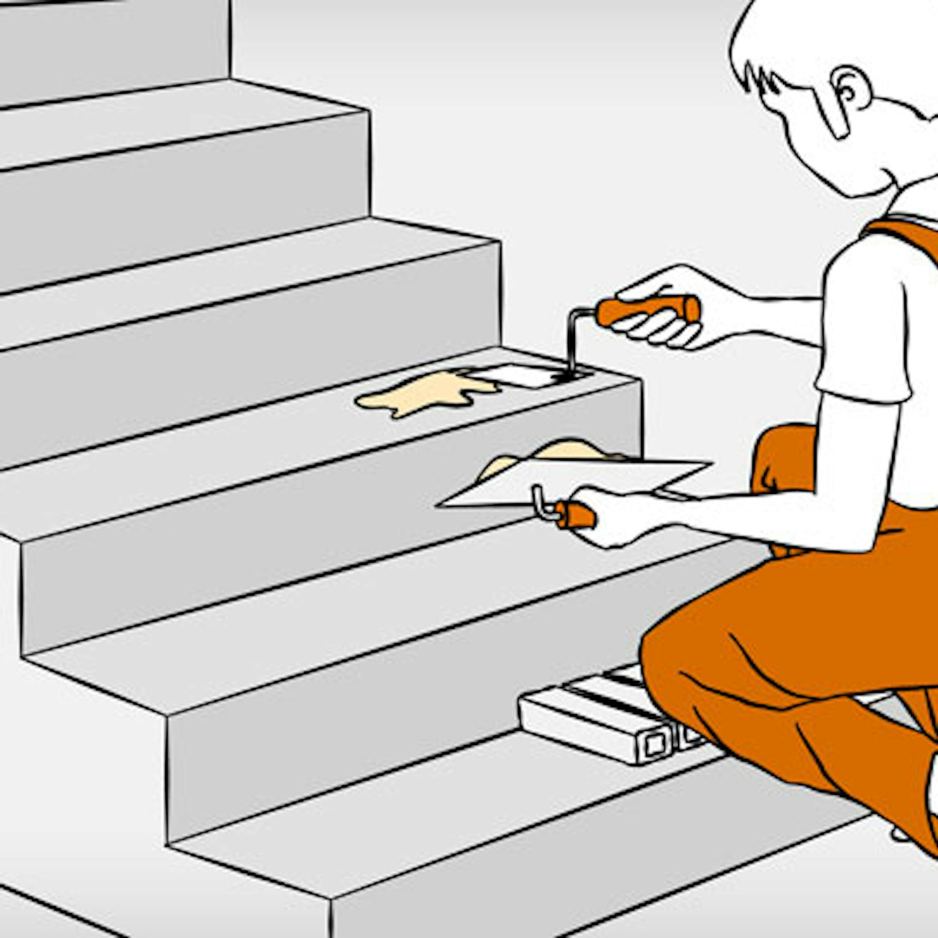 Mann mit Spachtel und Kelle auf Treppe