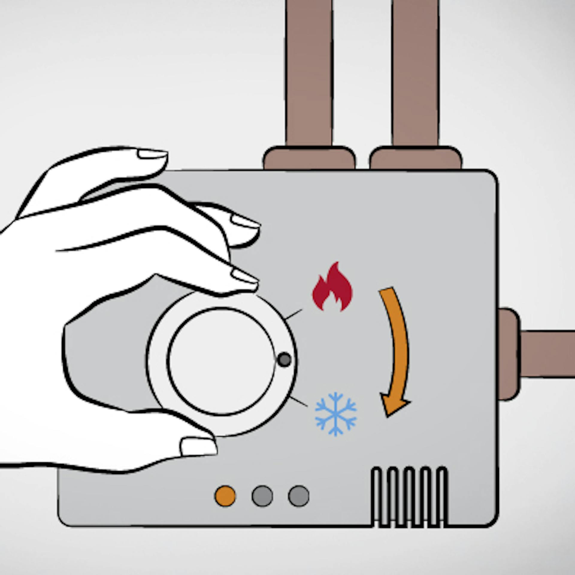 Hand dreht an Regler von Heizungssystem.