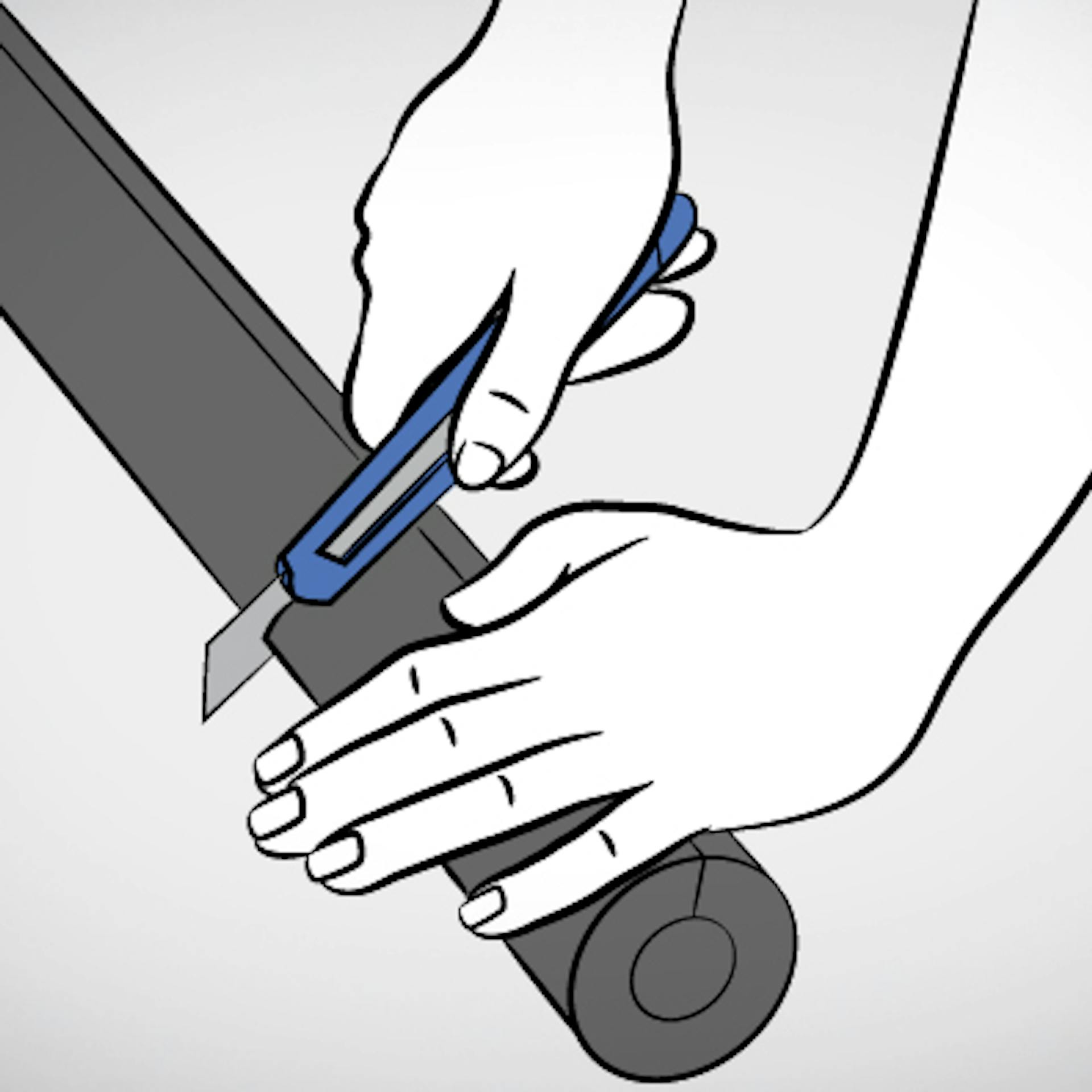 Zwei Hände schneiden Dämmschlauch mit Cuttermesser.