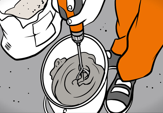 Bohrmaschine mit Quirl in Eimer.