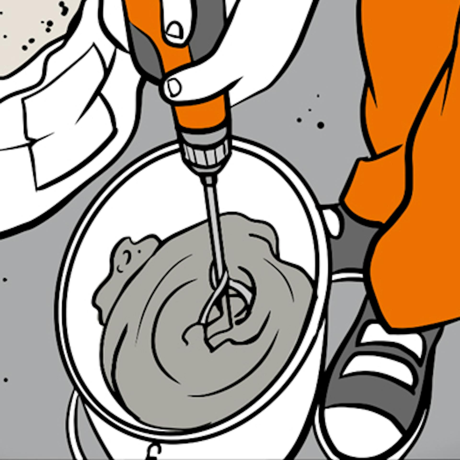 Bohrmaschine mit Quirl in Eimer.