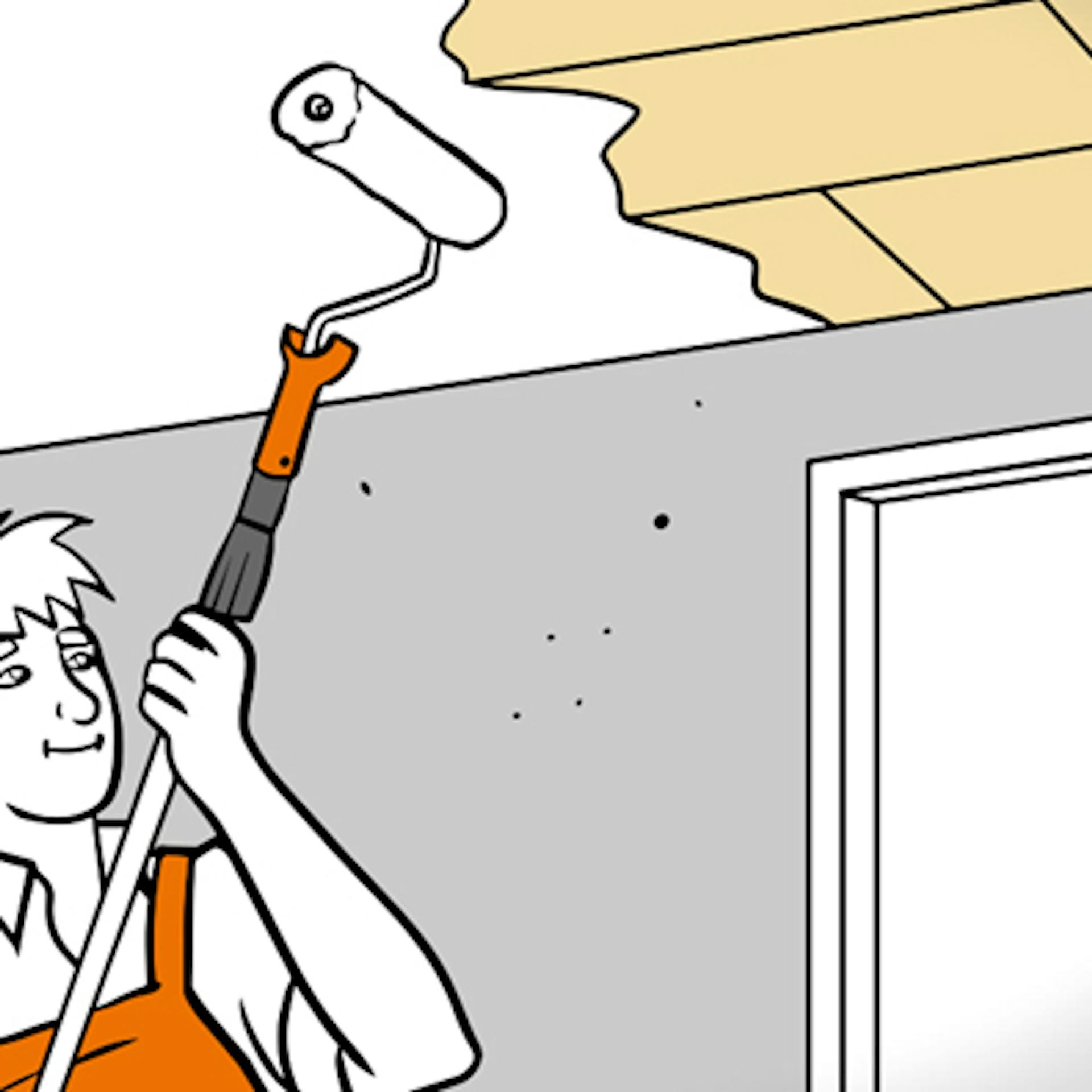 Mann hält Farbrolle an Decke.