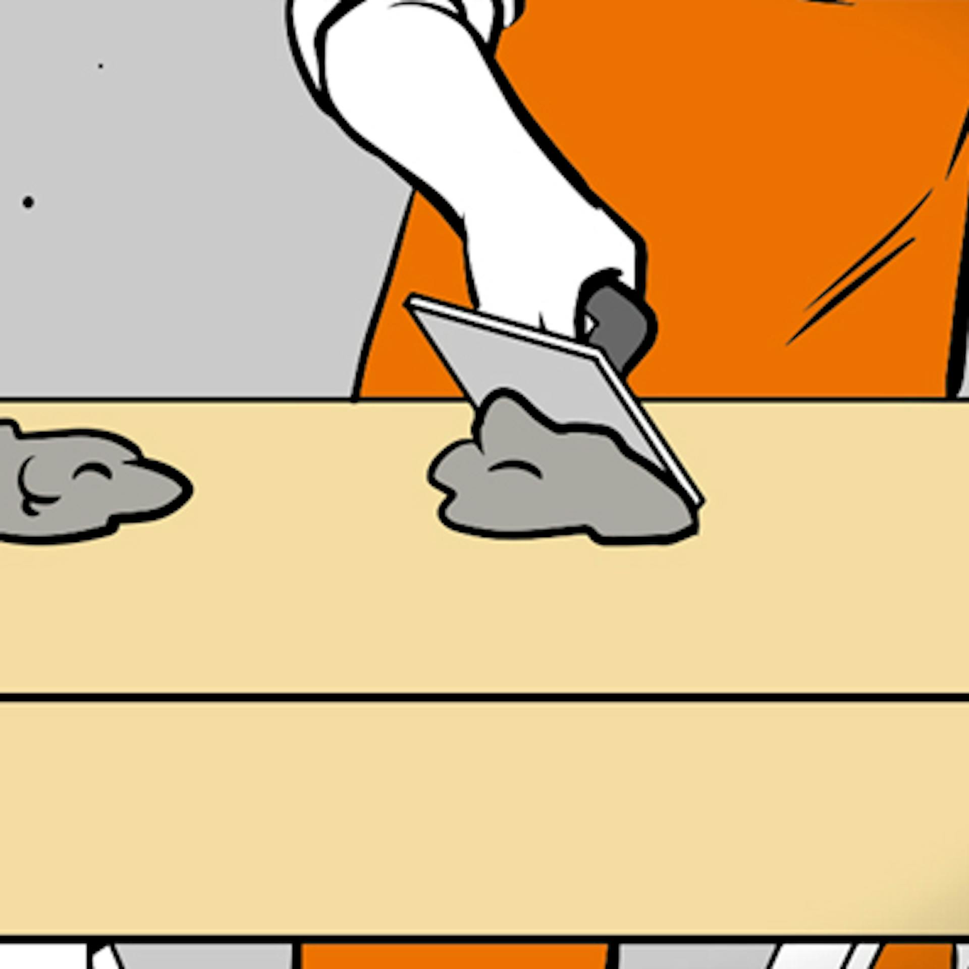 Hand mit Spachtel und Mörtel auf Dämmplatte.