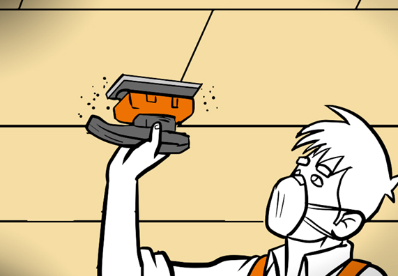 Mann mit Mundschutz hält Schleifgerät an Dämmplatte.