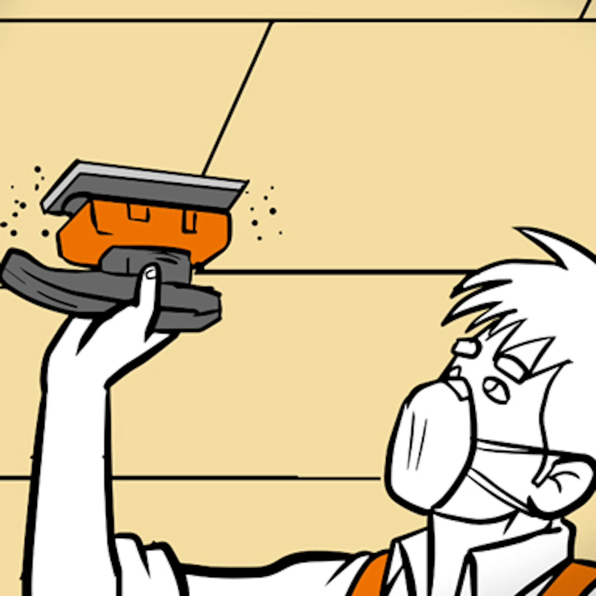 Mann mit Mundschutz hält Schleifgerät an Dämmplatte.