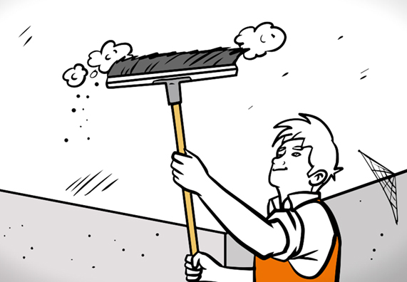 Mann mit Besen an Kellerdecke.