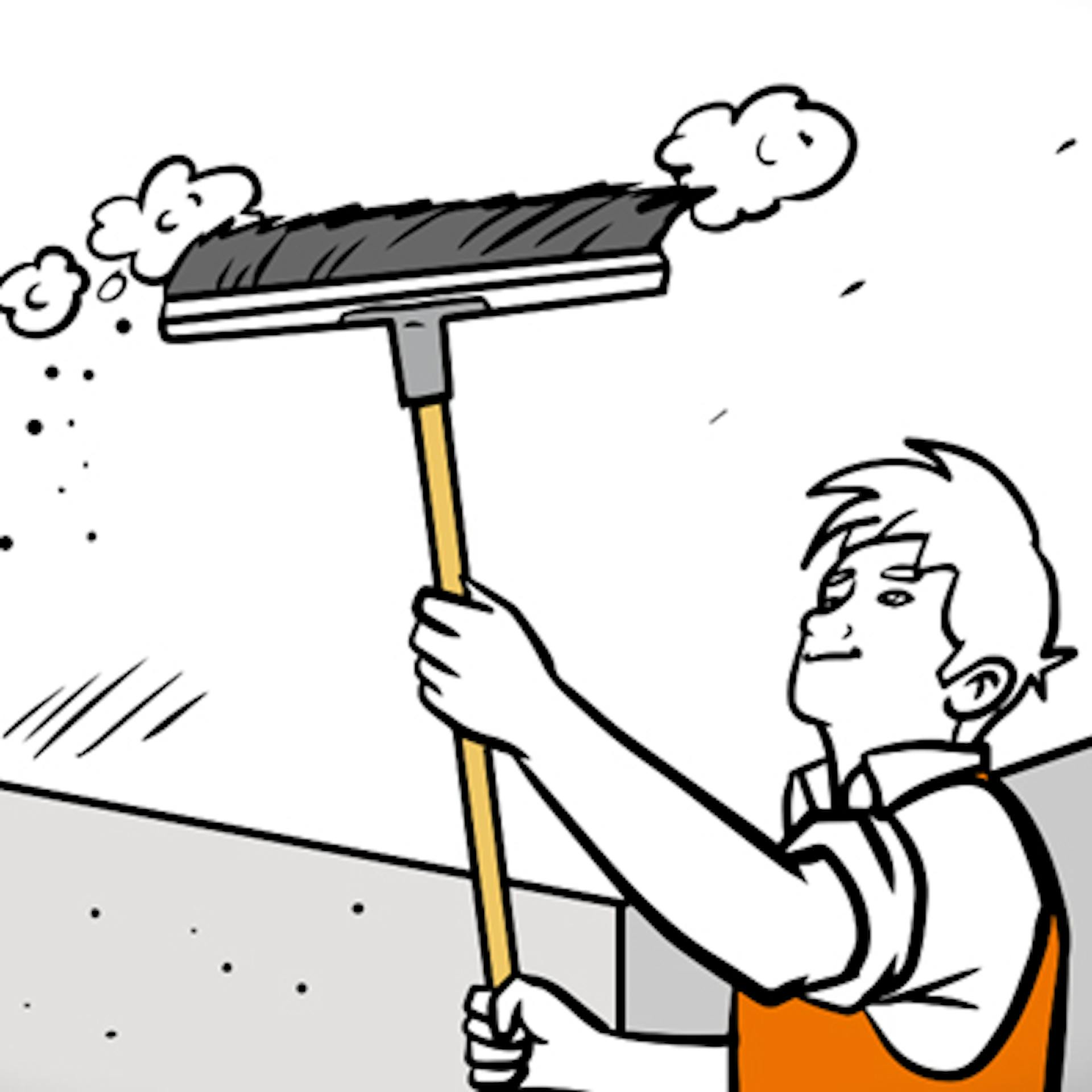 Mann mit Besen an Kellerdecke.