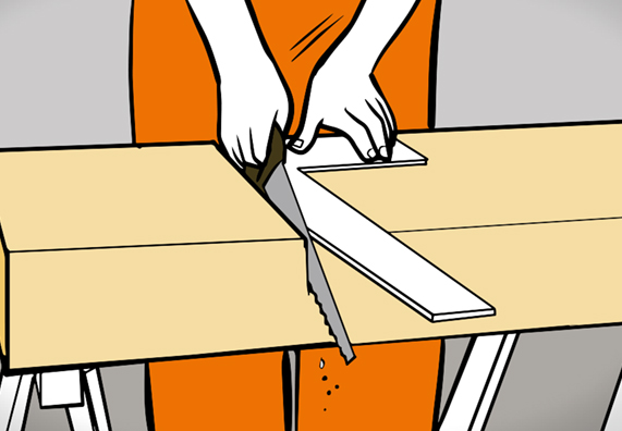 Hände mit Zollstock und Säge auf Dämmplatte.