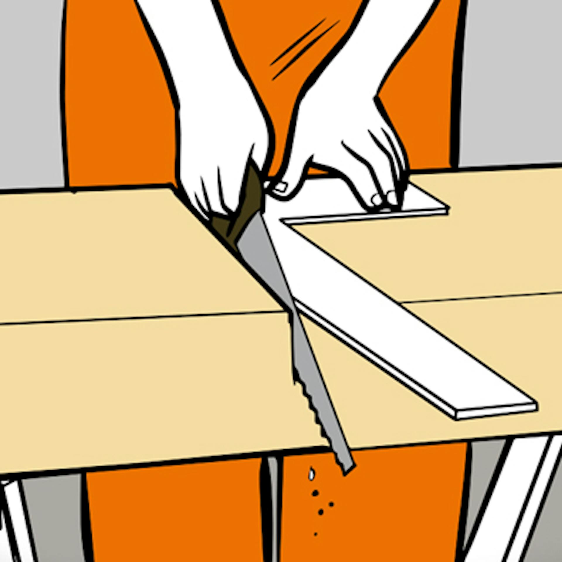 Hände mit Zollstock und Säge auf Dämmplatte.