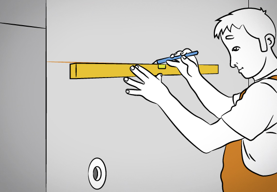 Mann mit Wasserwaage und Stift an Wand