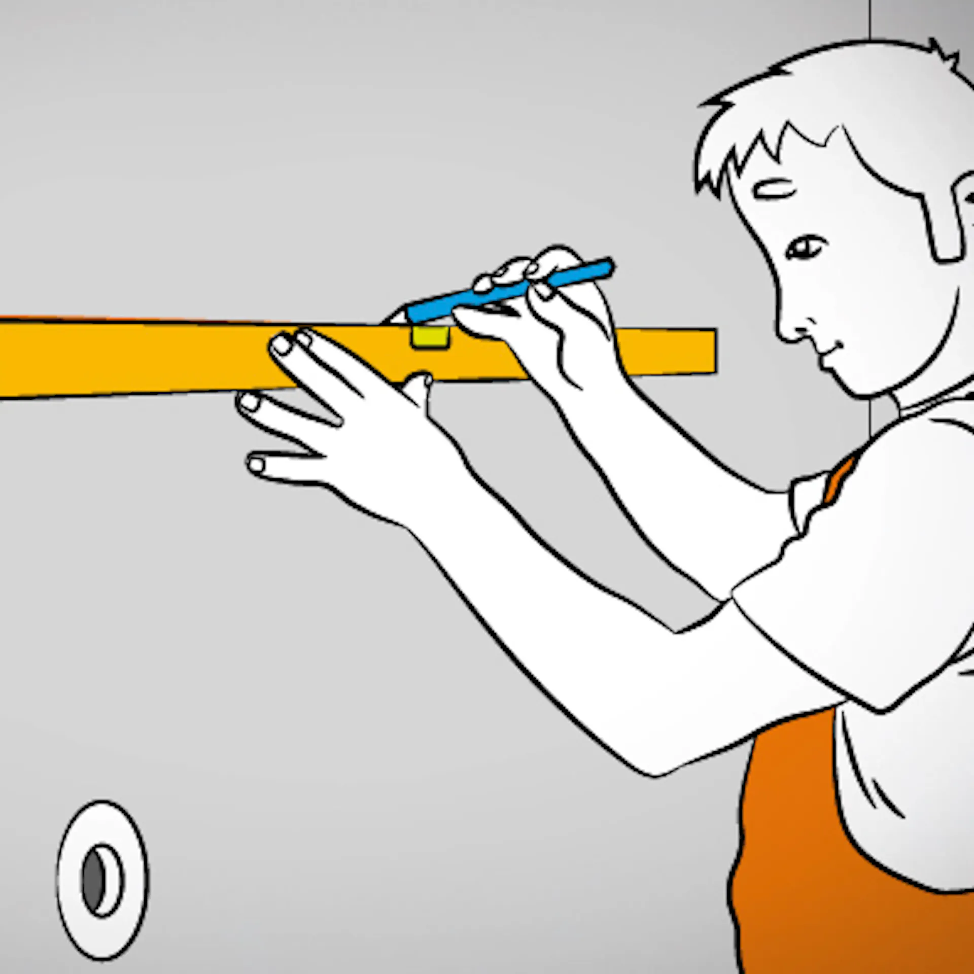 Mann mit Wasserwaage und Stift an Wand