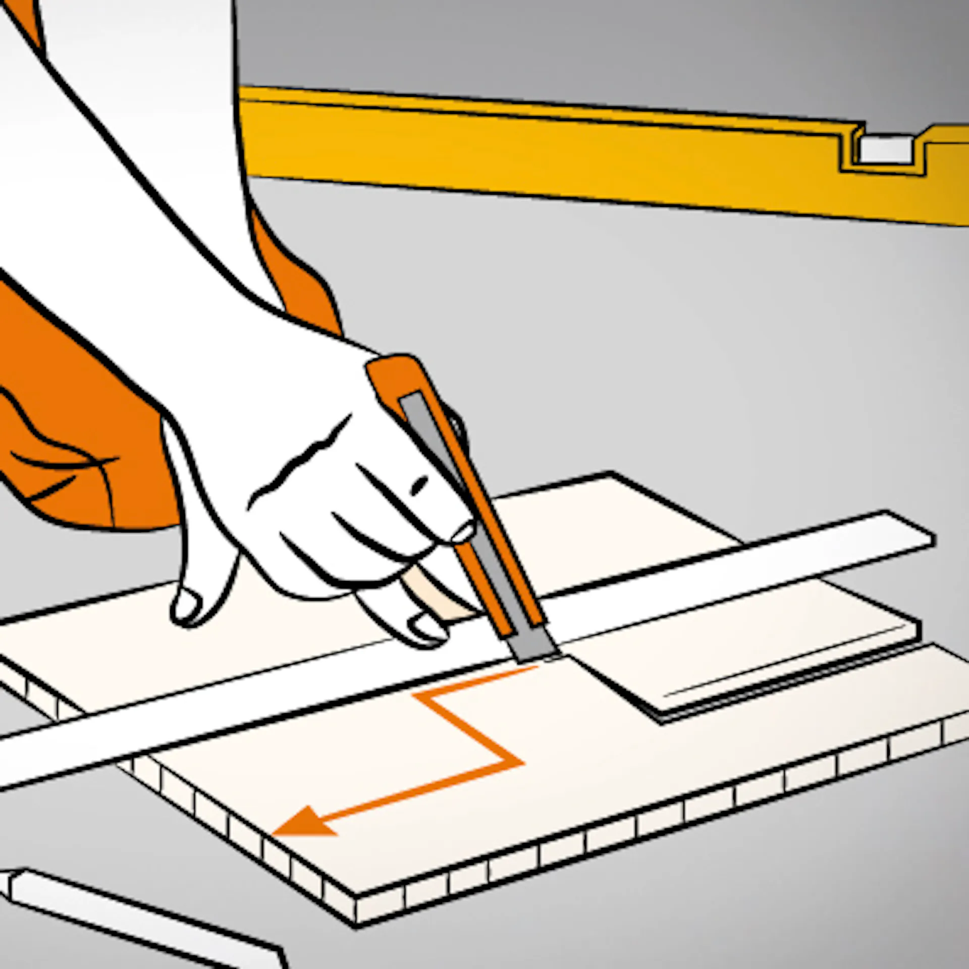 Hand mit Cuttermesser und Fliesenschiene auf Mosaikfliesenmatte