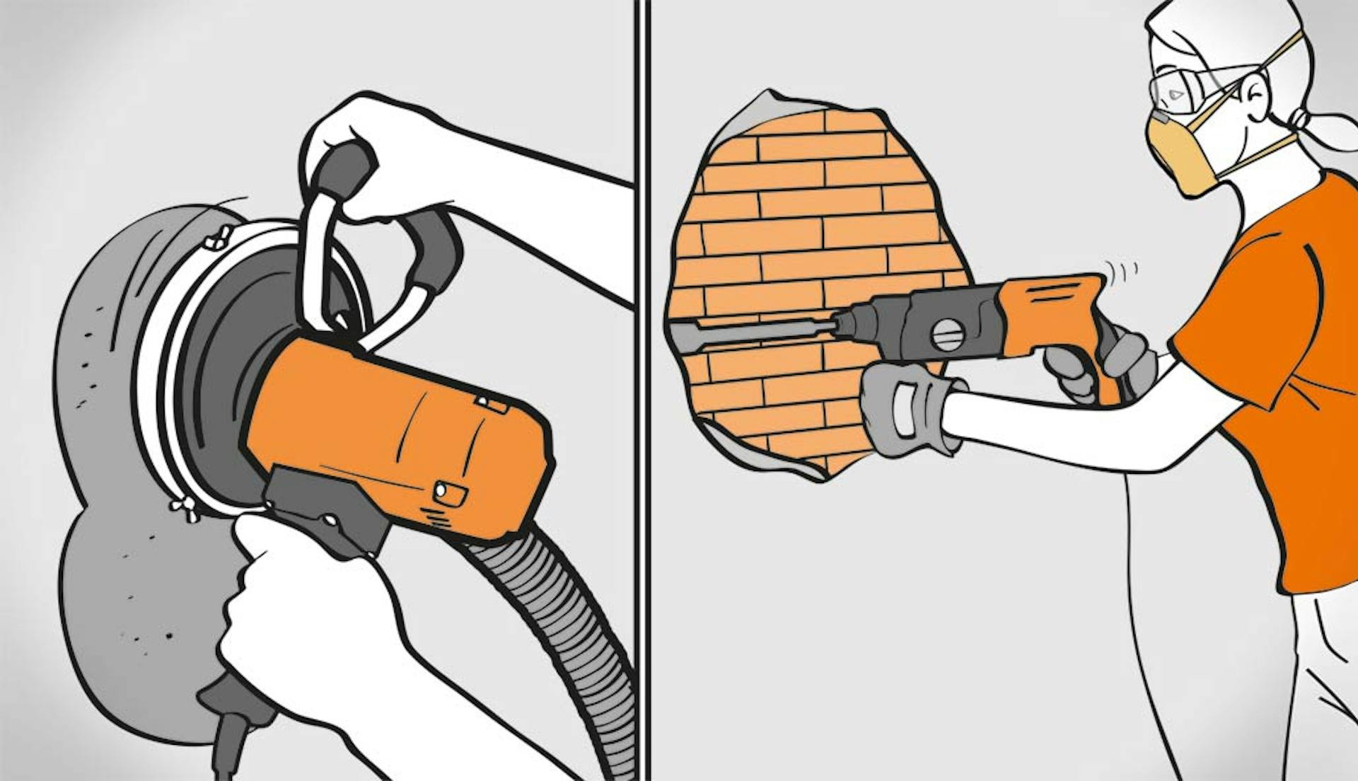 Ženská ruka s brúskou na betón a žena s vŕtacím kladivom pred stenou.