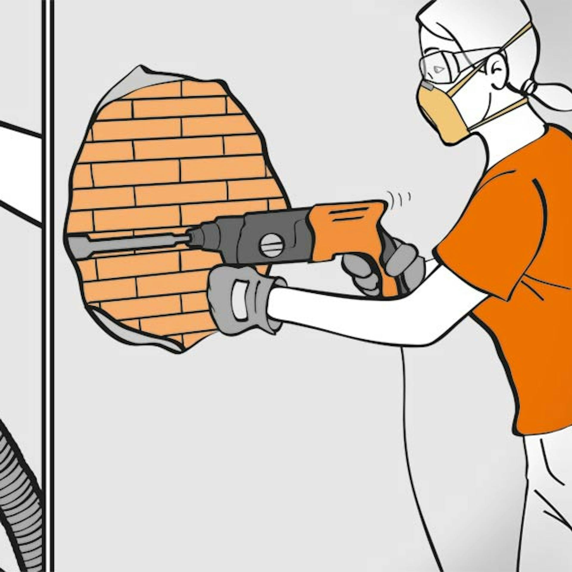 Kéz betoncsiszolóval és egy nő fúrókalapáccsal a fal előtt.