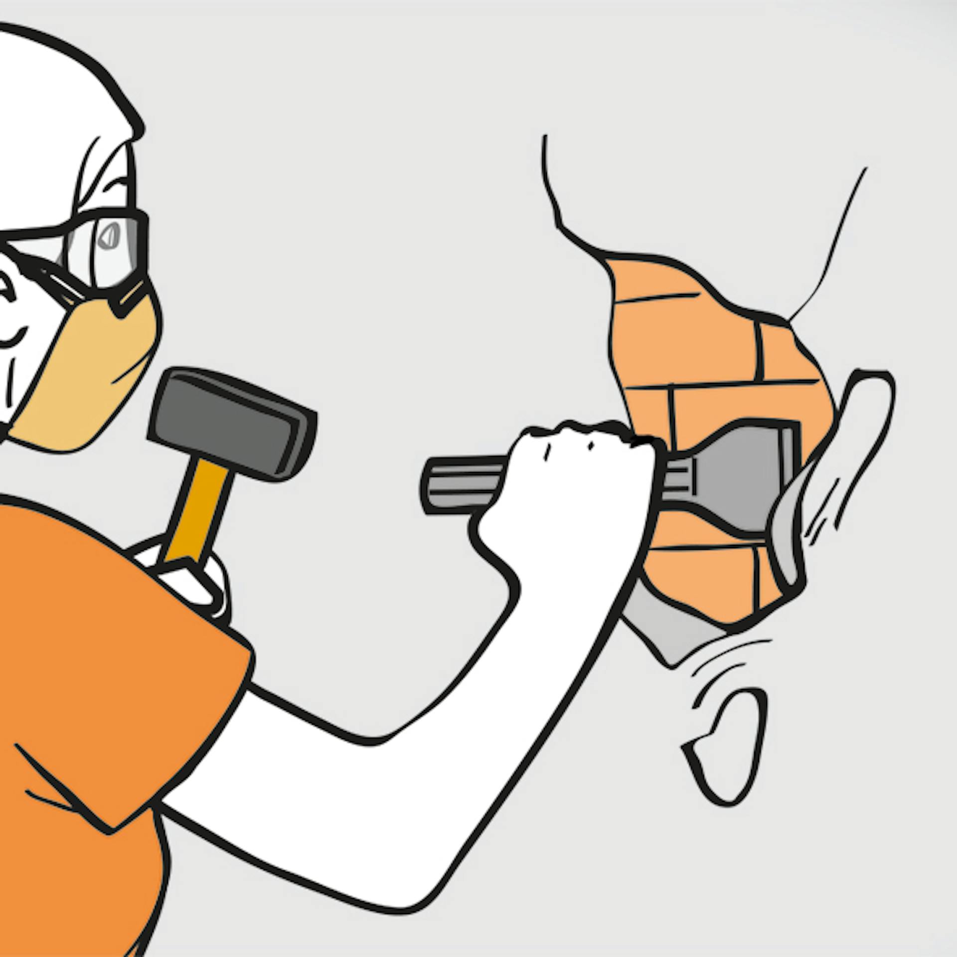 Egy nő kalapáccsal és vésővel a fal előtt.