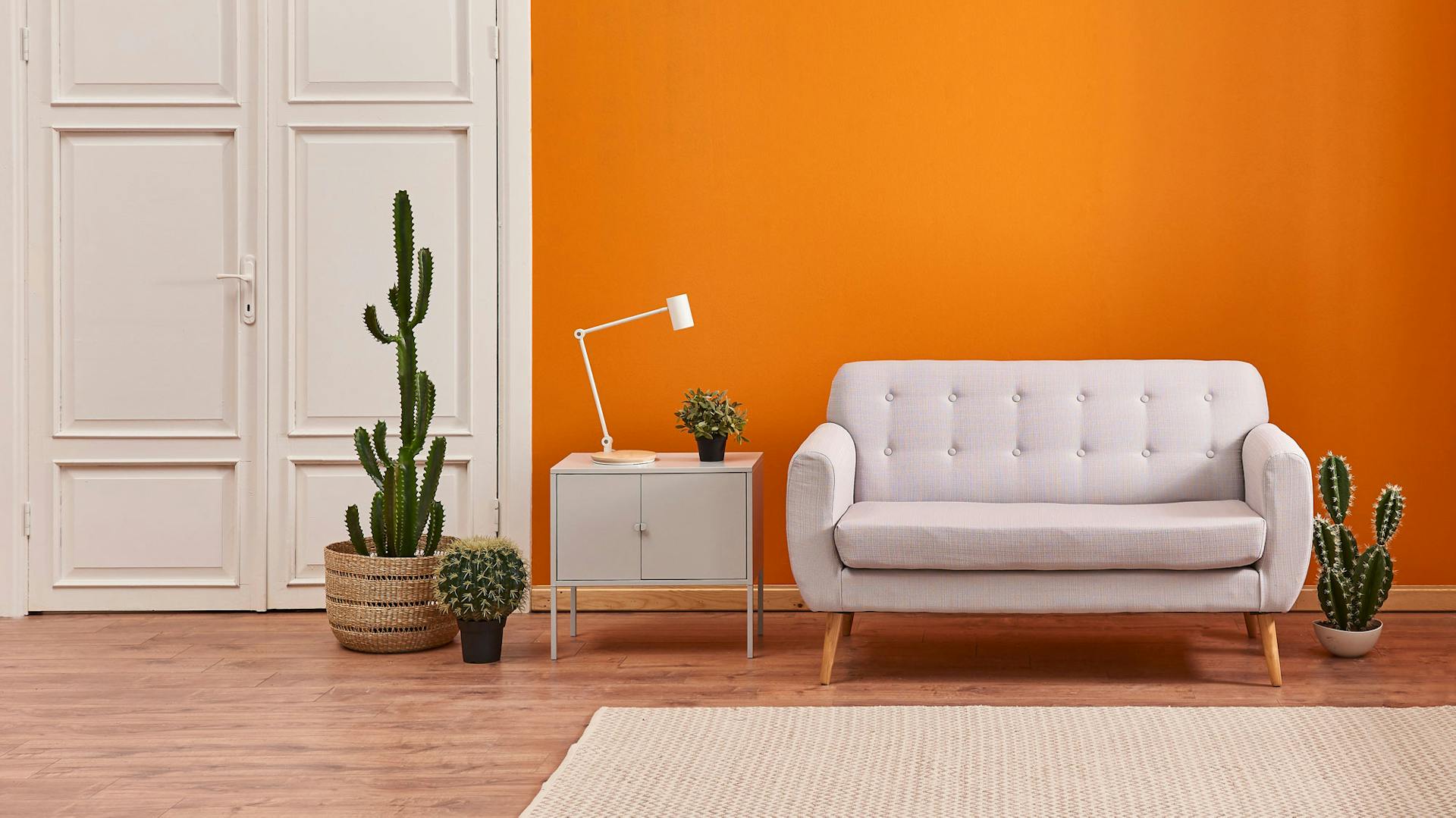 Pflanzen und helle Möbel vor einer orangenen Wand.