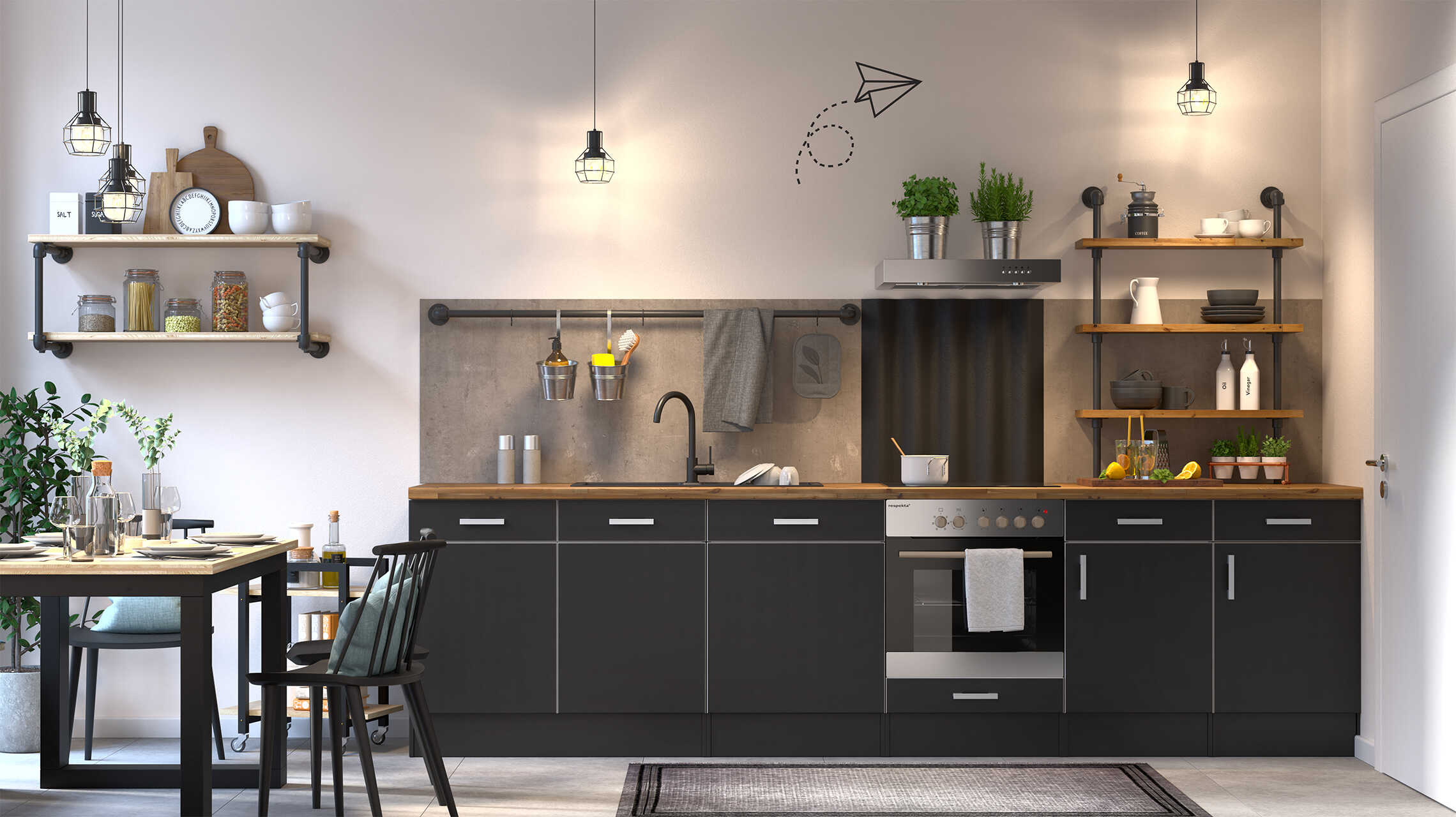 Moderne Küche Industriestil mit Hängeleuchten