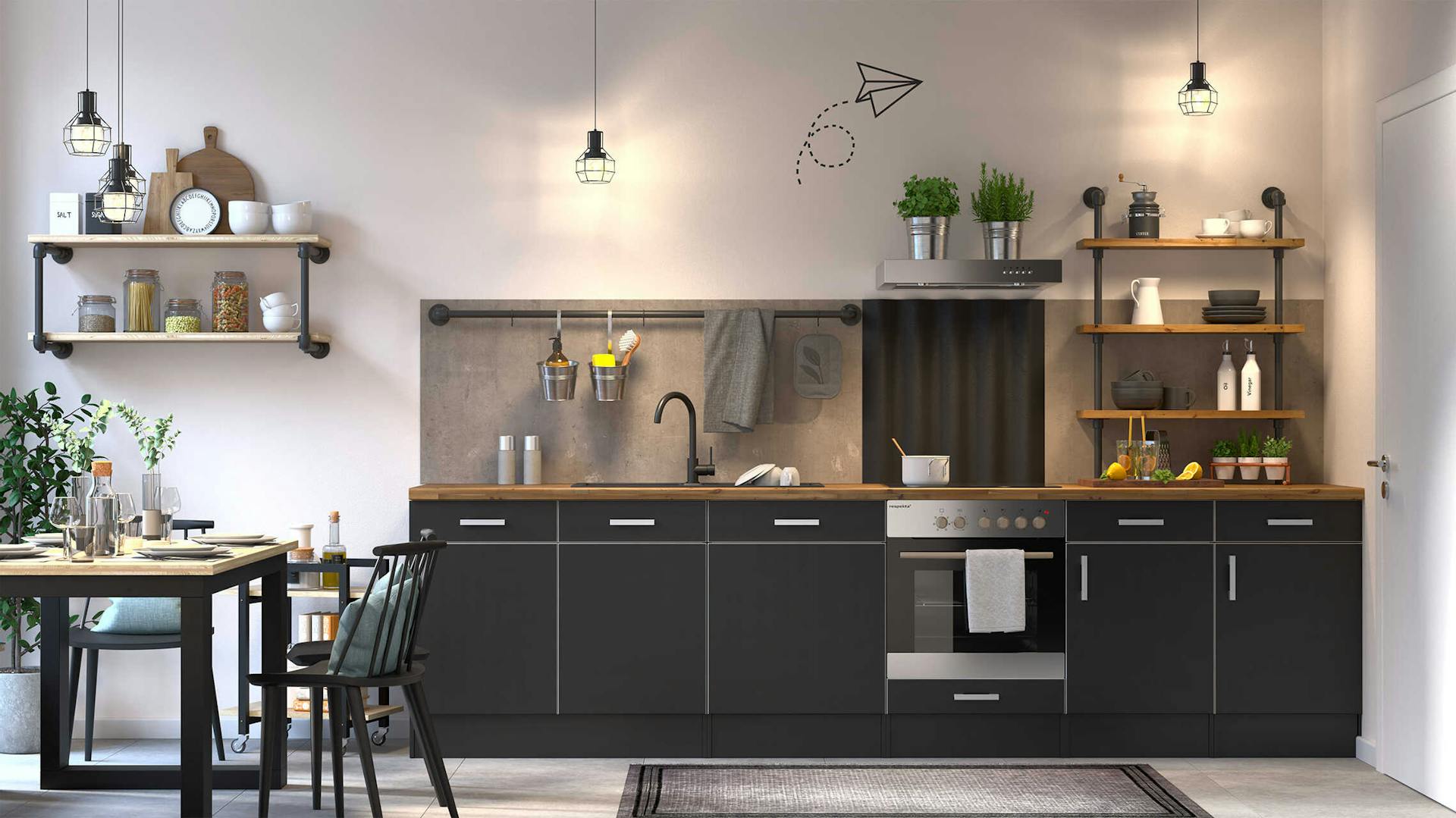 Moderne Küche Industriestil mit Hängeleuchten