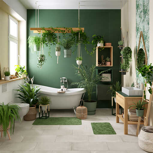 Ein Badezimmer voller Pflanzen mit einer großen dunkelgrünen Wand und verschiedenen Hängeampeln mit Pflanzen, die von der Decke hängen.