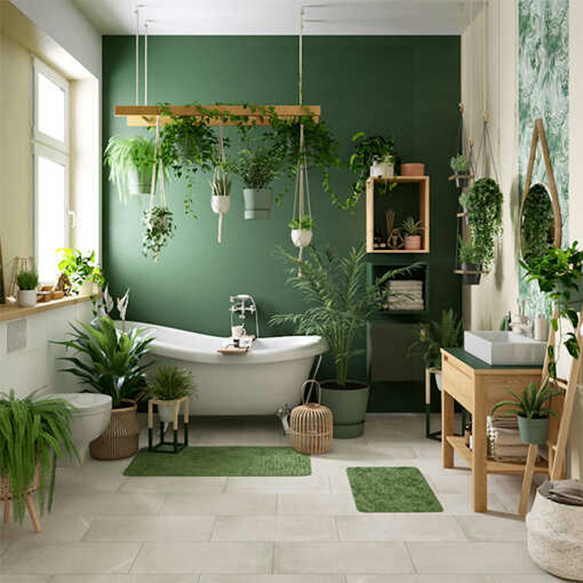 Ein Badezimmer voller Pflanzen mit einer großen dunkelgrünen Wand und verschiedenen Hängeampeln mit Pflanzen, die von der Decke hängen.