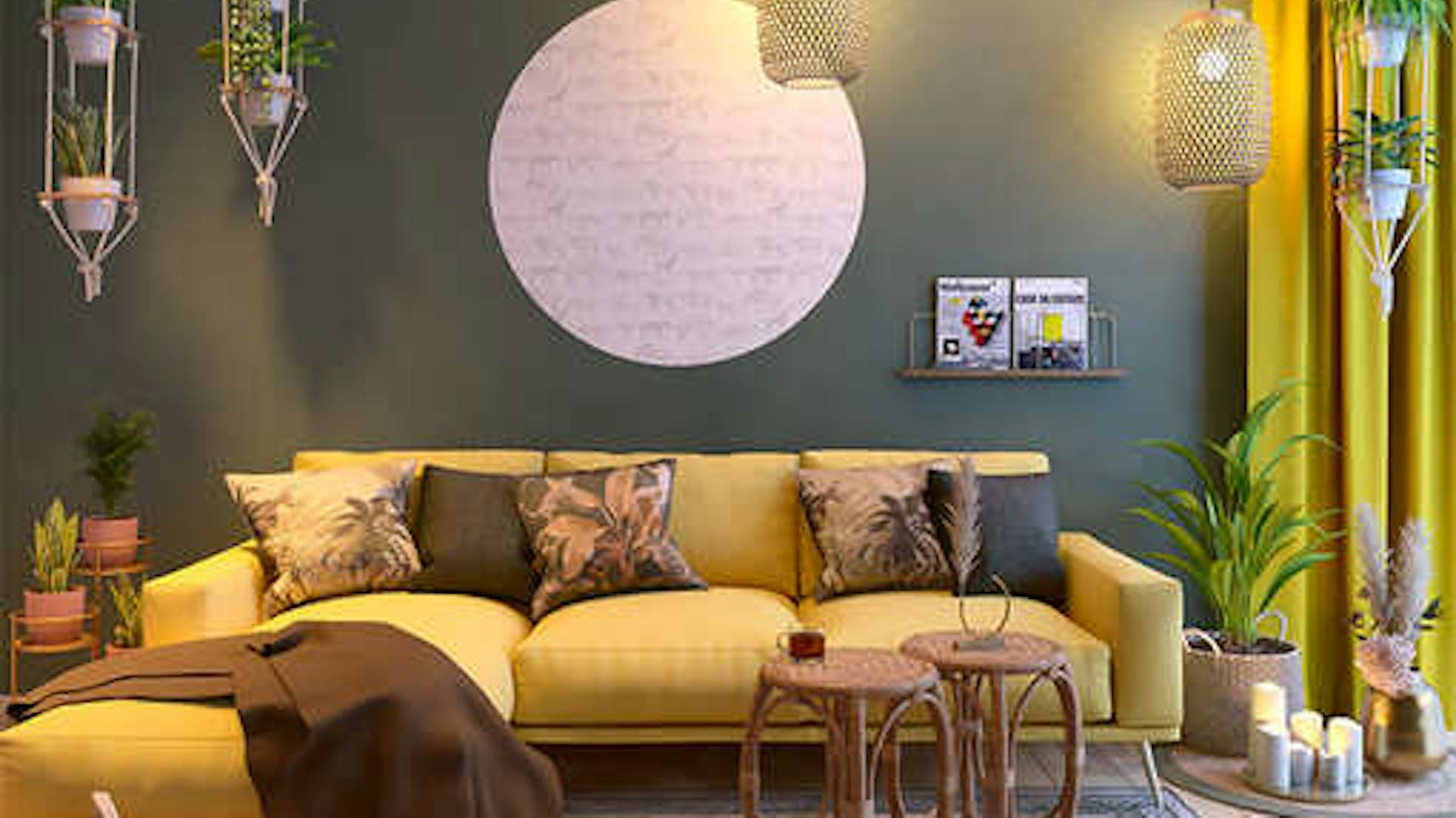 Ein gelbes Sofa, welches von Zimmerpflanzen umgeben ist und zentriert vor einer dunkelgrünen Wand steht, die eine runde Tapete mit Tiermotiv als Wandgestaltung nutzt.