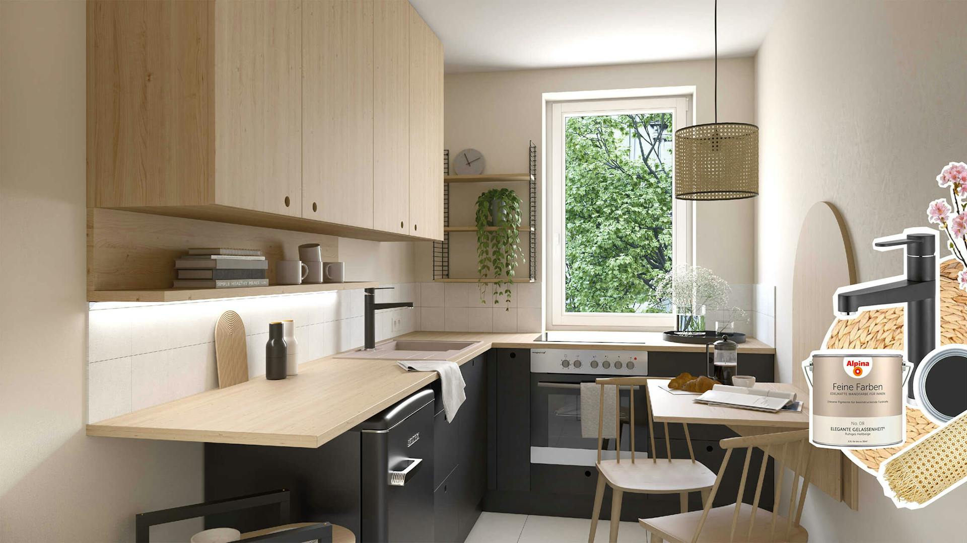 Küche mit schwarzen Unterschränken, eichenfarbener Arbeitsplatte und Hochschränken, sowie einem einklappbaren Küchentisch.