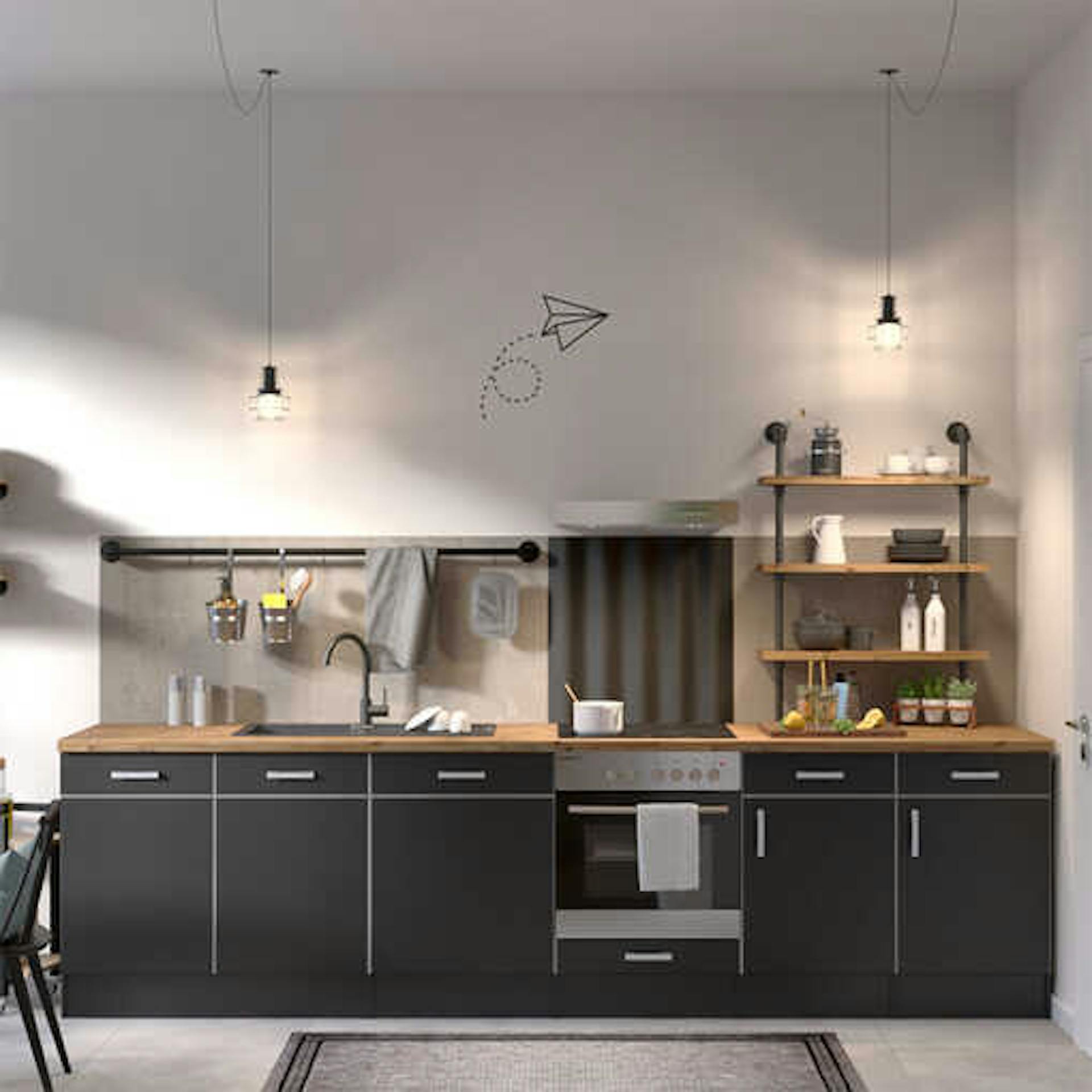Küchenzeile mit schwarzen Fronten, einer hölzernen Arbeitsfläche, einer Küchenrückwand in Betonoptik und einem Spritzschutz aus Wellplatte.