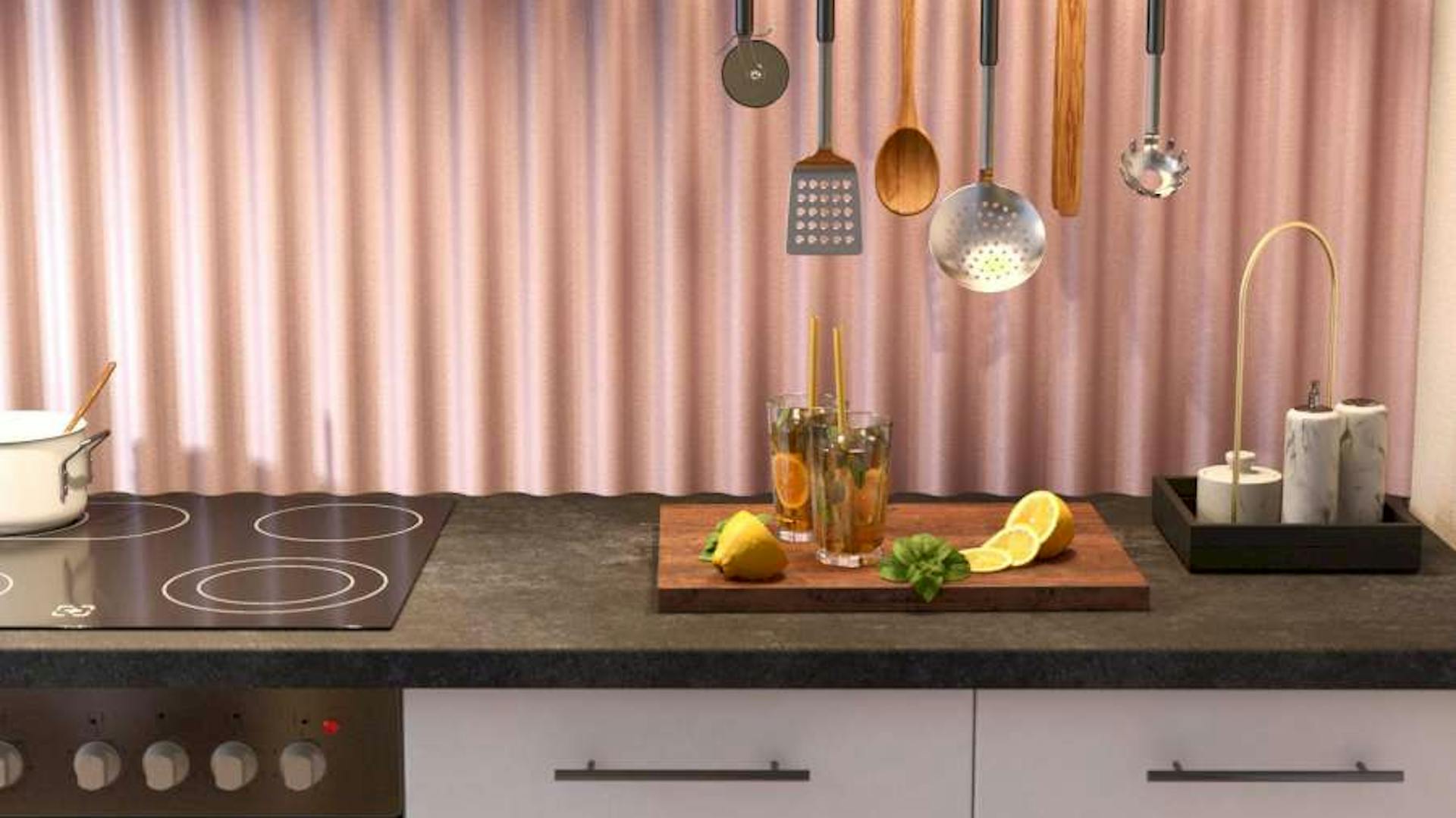 Auf einer Küchenzeile liegt ein Schneidebrett, auf dem Getränke stehen. Dahinter ist eine rosa PVC-Wellplatte als Spritzschutz angebracht.