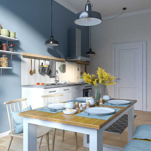 Eine blaue Küche im Landhausstil.