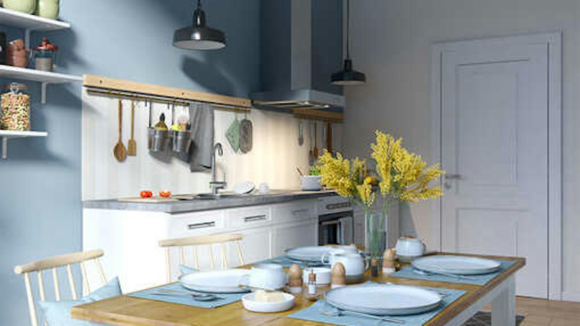 Eine blaue Küche im Landhausstil.