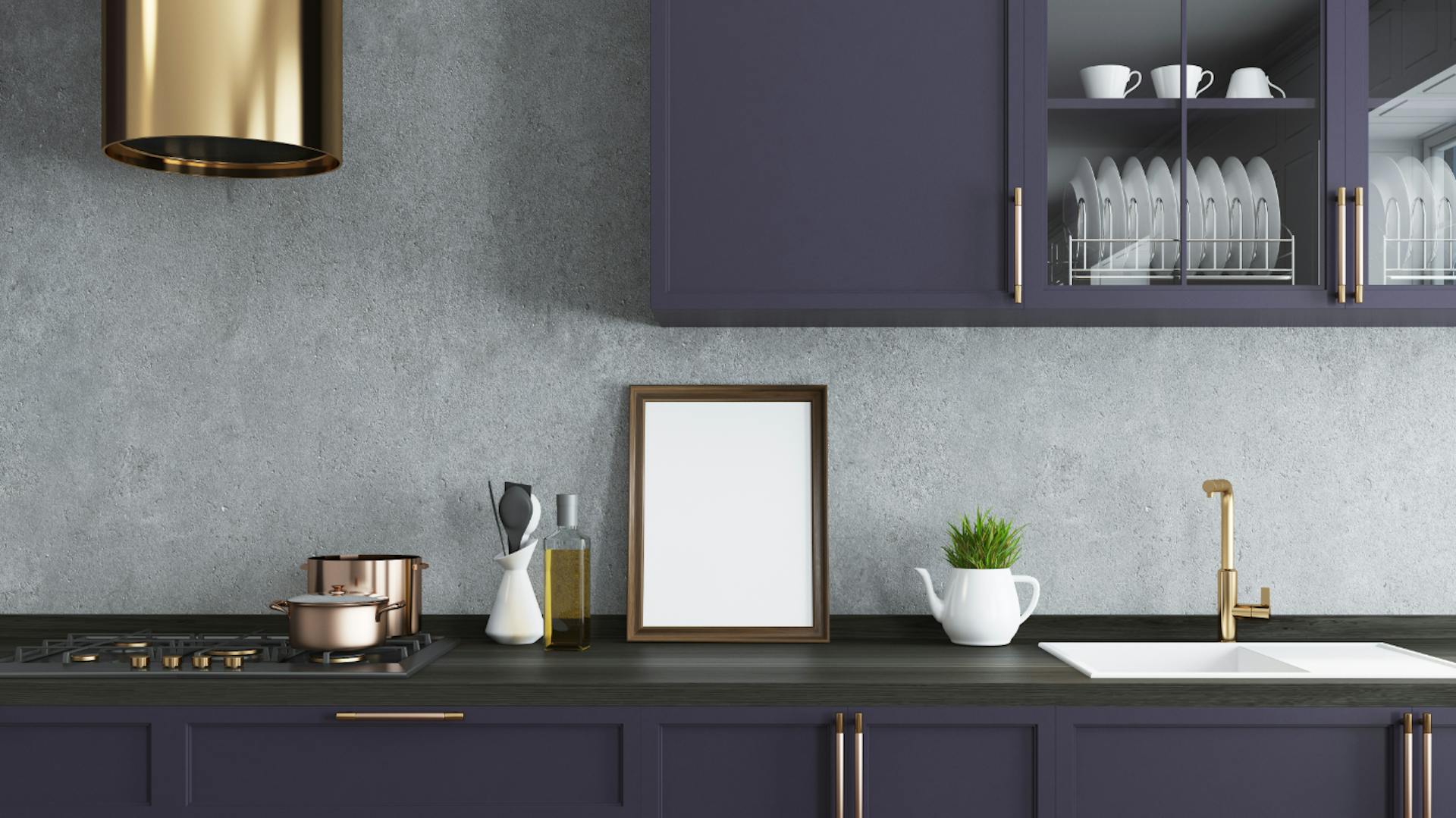 Blaue Küche mit grauer Wandtapete