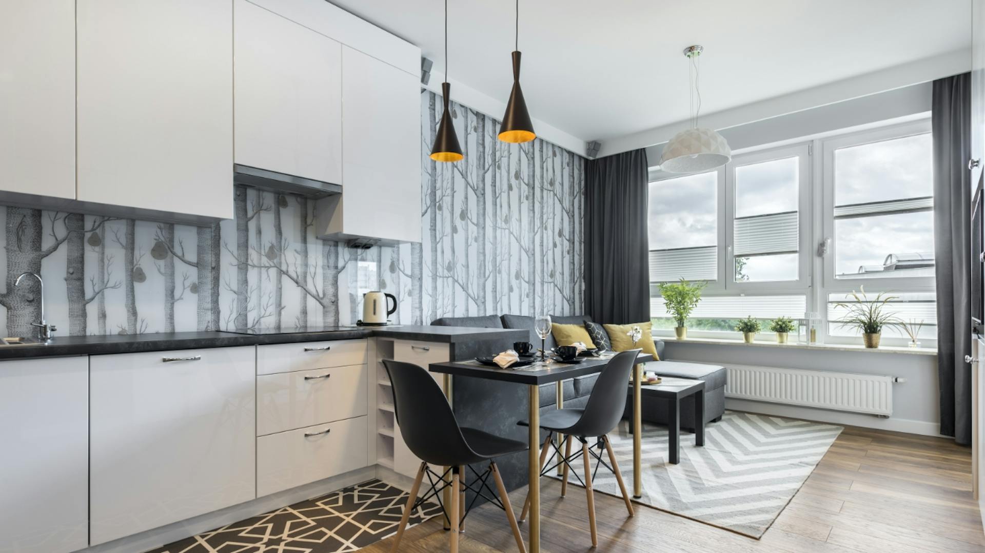 Küche mit Fototapete Baummotiv